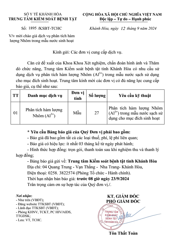 Mời chào giá dịch vụ phân tích hàm lượng Nhôm trong mẫu nước sinh hoạt